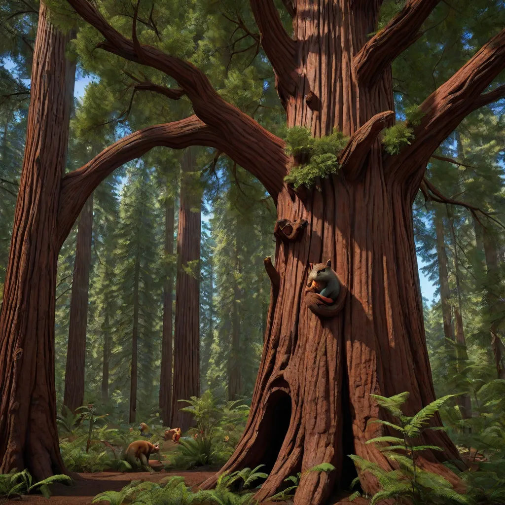 a bear climbing up a tree in a forest with other animals around it and a forest floor with trees and ferns, a detailed matte painting, Chris LaBrooy, photorealism, pixar and disney animation