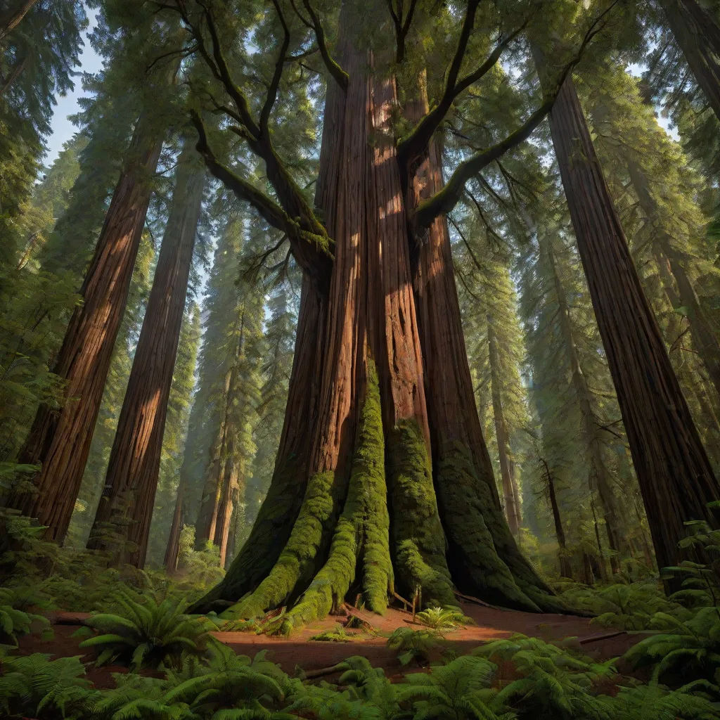 a large tree in a forest with lots of trees around it and ferns growing on the ground and around it, a detailed matte painting, David Martin, naturalism, trees