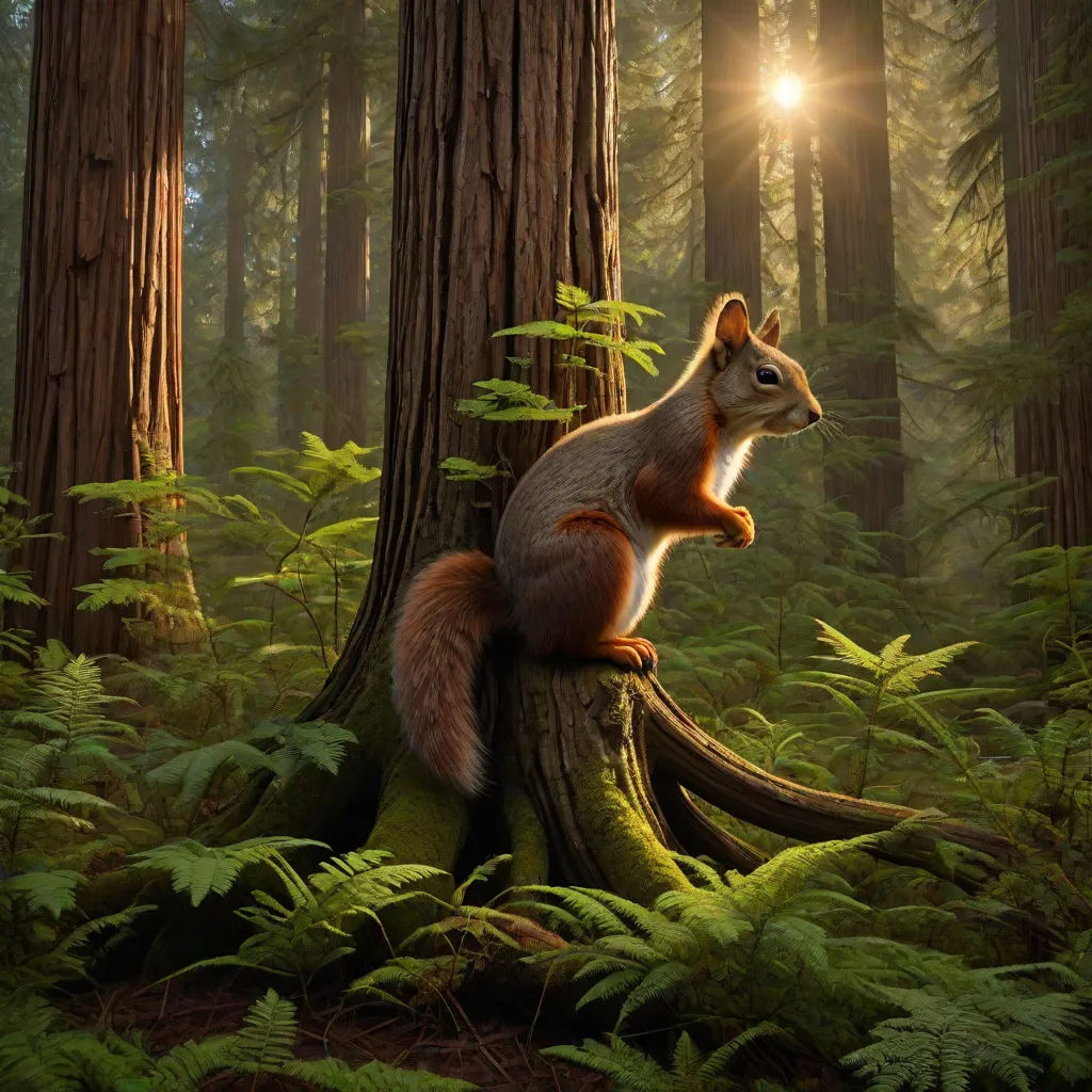 a squirrel sitting on a tree stump in a forest with sunlight shining through the trees and ferns on the ground, a detailed matte painting, Chris LaBrooy, photorealism, photoreal