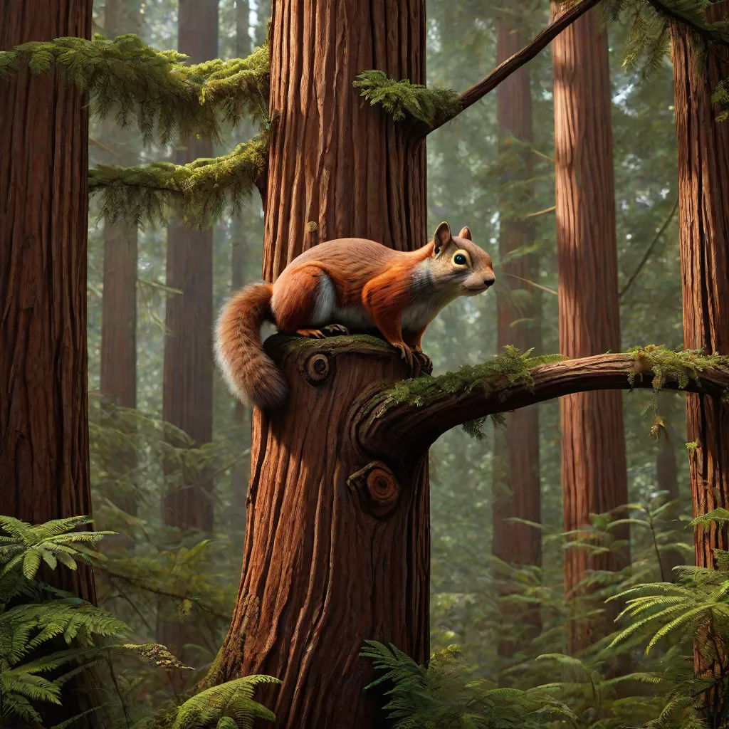 a squirrel sitting on a tree in a forest with tall trees and ferns in the background, with a forest floor full of trees and ferns, a detailed matte painting, Chris LaBrooy, photorealism, pixar and disney animation