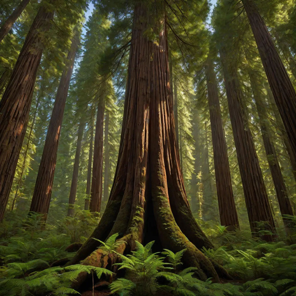 a large tree in a forest with lots of trees around it and ferns growing on the ground in front of it, a detailed matte painting, David Martin, naturalism, trees