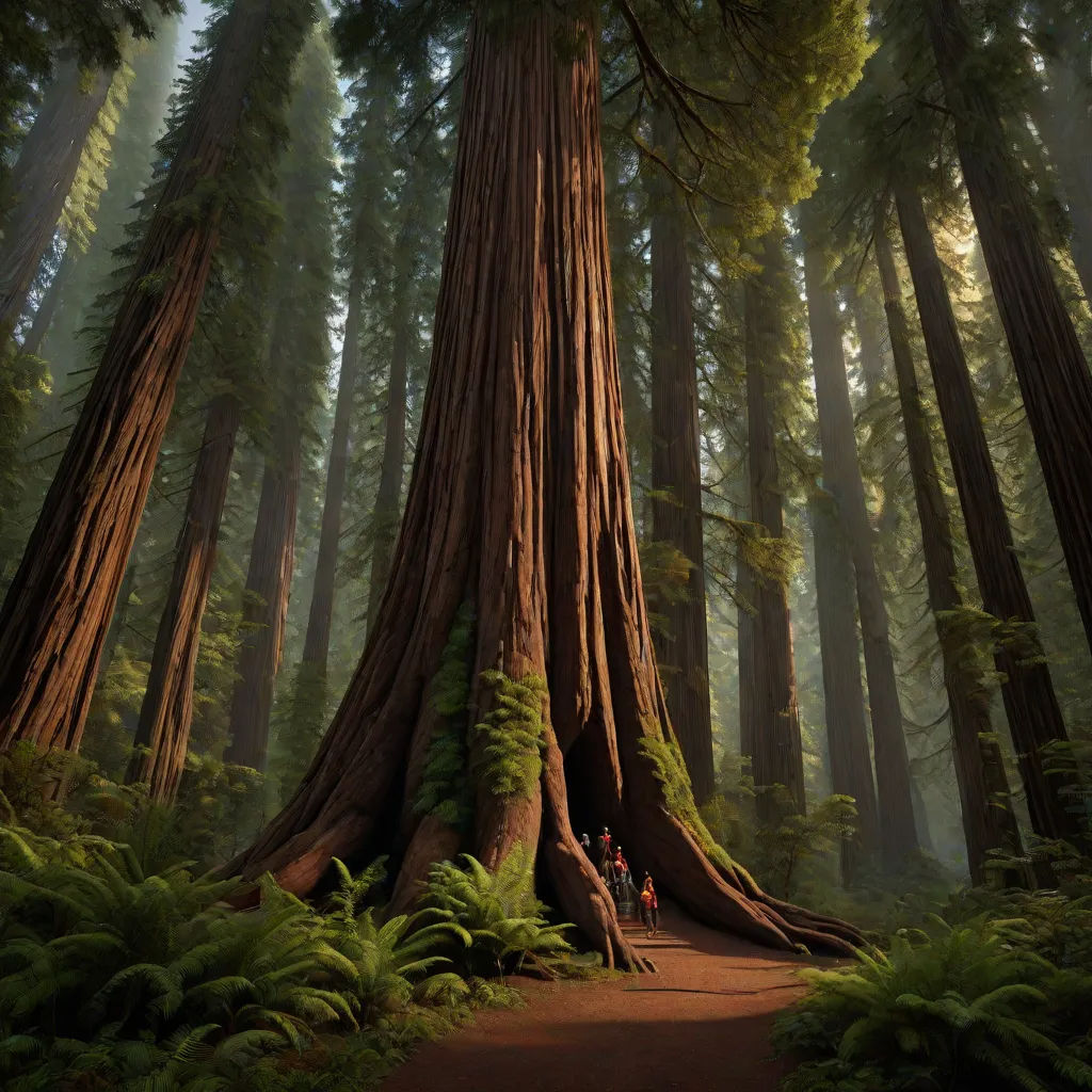 a painting of a forest with a path leading to a giant tree with people standing on it and a trail leading to the top, a detailed matte painting, Chris LaBrooy, hudson river school, matte painting