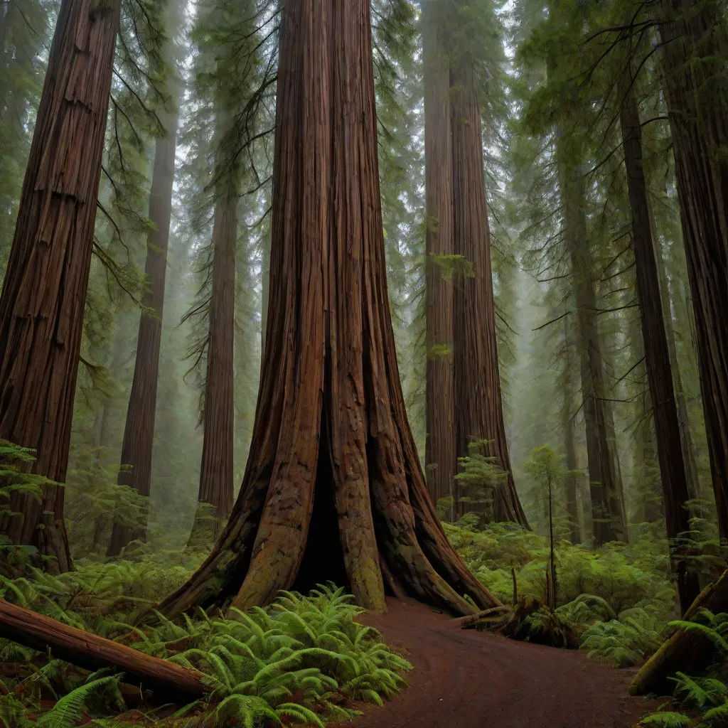 a path through a forest with tall trees and ferns on both sides of it and a tunnel in the middle, a matte painting, David Martin, naturalism, trees