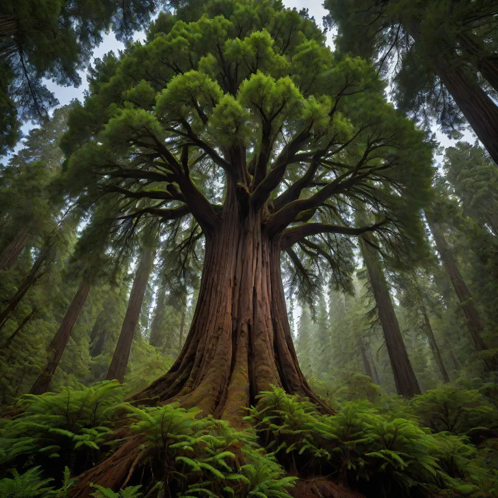 a large tree in a forest with lots of trees around it and a few ferns growing on the ground, a matte painting, David Martin, naturalism, award-winning photograph