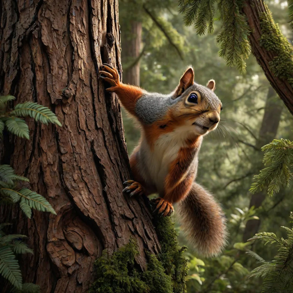 a squirrel climbing up a tree in a forest with lots of trees and ferns around it, with a blue eye, a 3D render, Chris LaBrooy, photorealism, weta digital