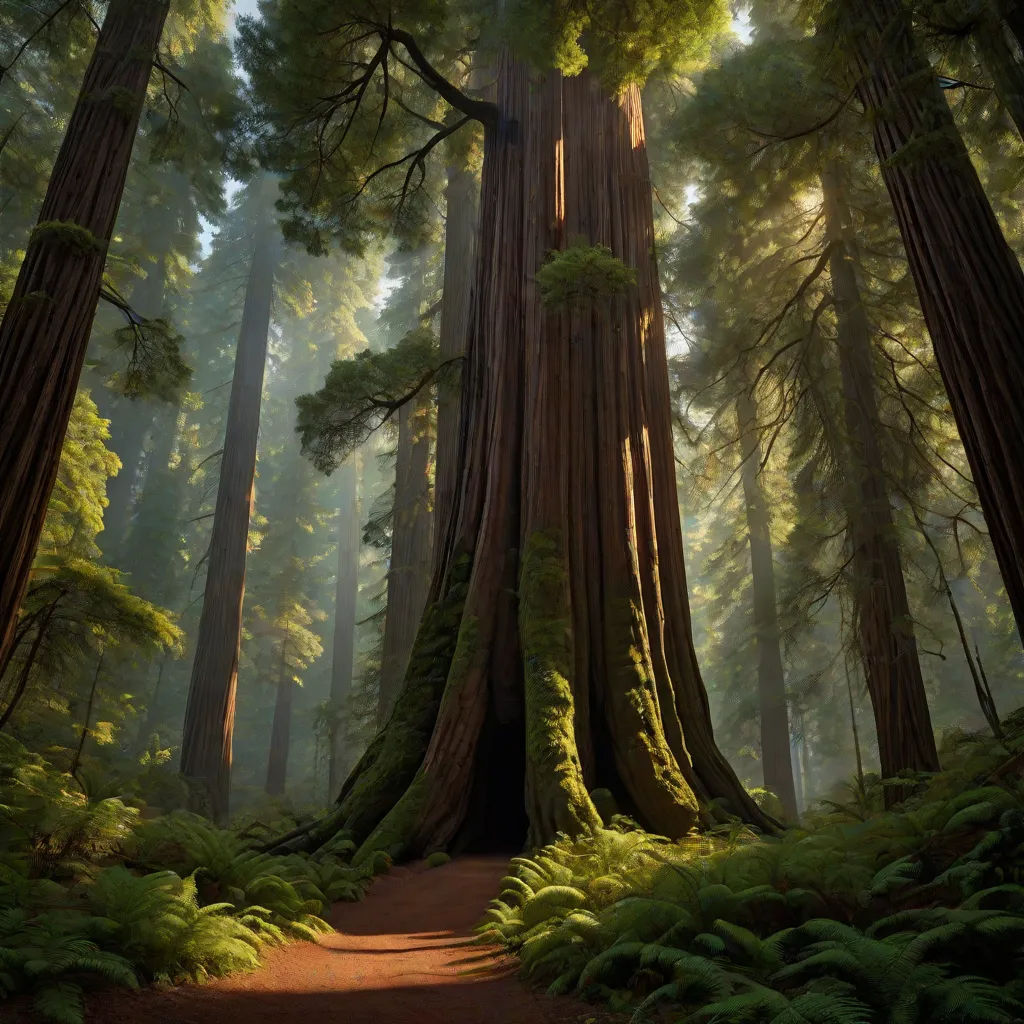 a path through a forest with tall trees and ferns on the ground and a path leading to a tree trunk, a detailed matte painting, David Martin, hudson river school, matte painting
