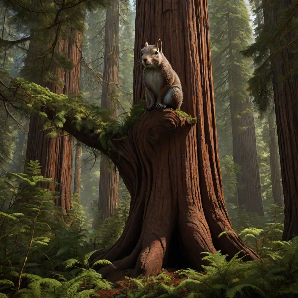 a bear sitting on top of a tree in a forest filled with tall trees and ferns, with a forest floor, a detailed matte painting, Chris LaBrooy, furry art, promotional image