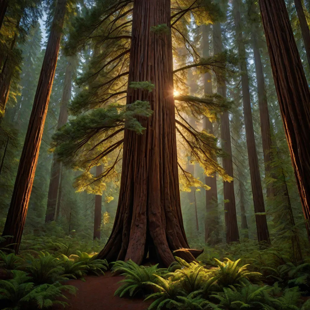 a large tree in a forest with a sun shining through the trees and ferns on the ground below it, a detailed matte painting, David Martin, naturalism, trees