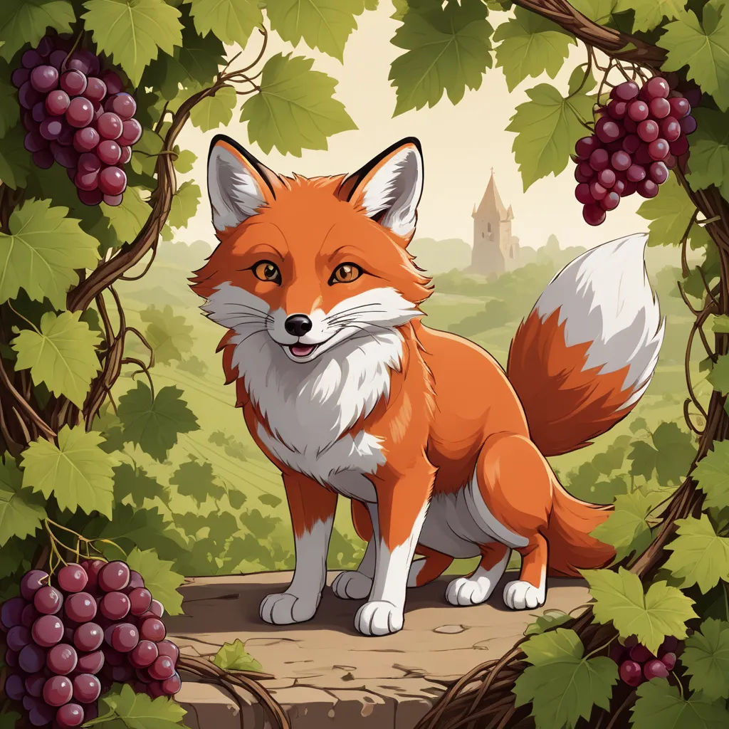 a fox standing in a forest with grapes on the vine border and a castle in the background with a castle in the background, furry art, a character portrait, Don Bluth, official art