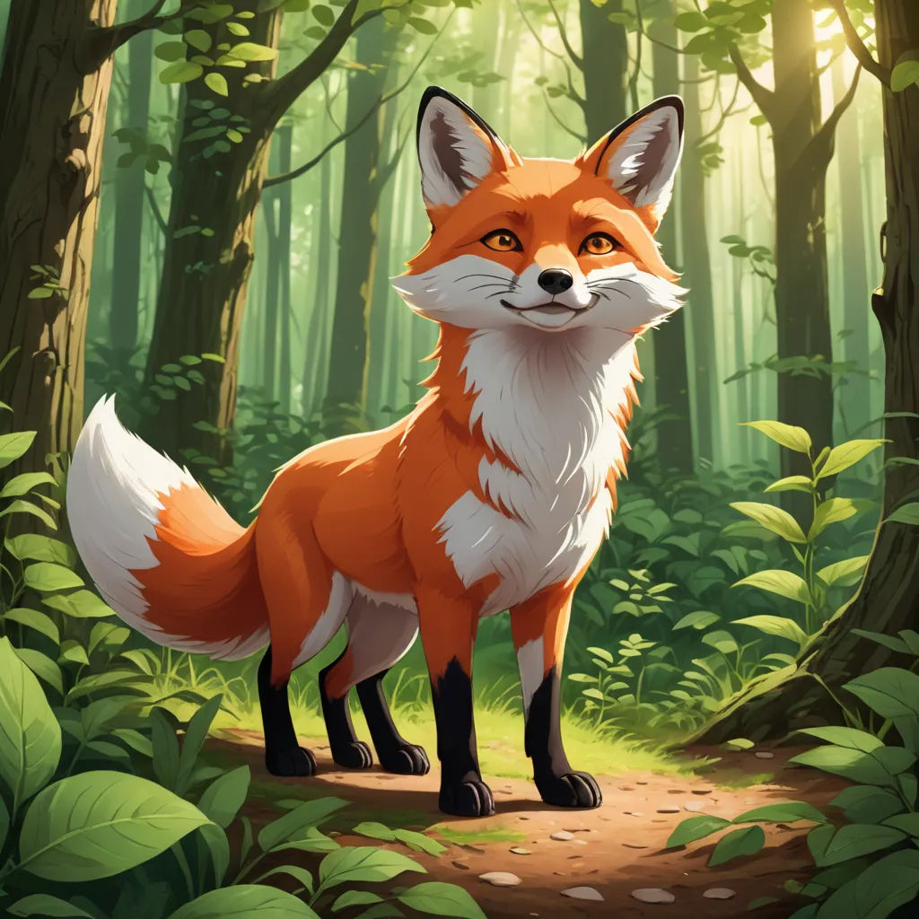 a fox standing in the middle of a forest with trees and leaves around it's edges and a path leading to the forest, furry art, a character portrait, Chris LaBrooy, official art