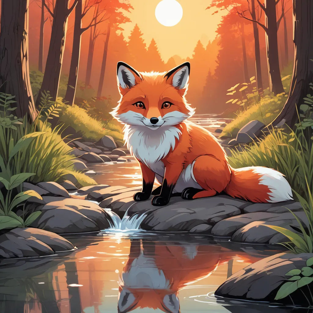 a fox sitting on a rock next to a river in a forest at sunset with the sun shining through the trees, furry art, a storybook illustration, Dan Mumford, official art