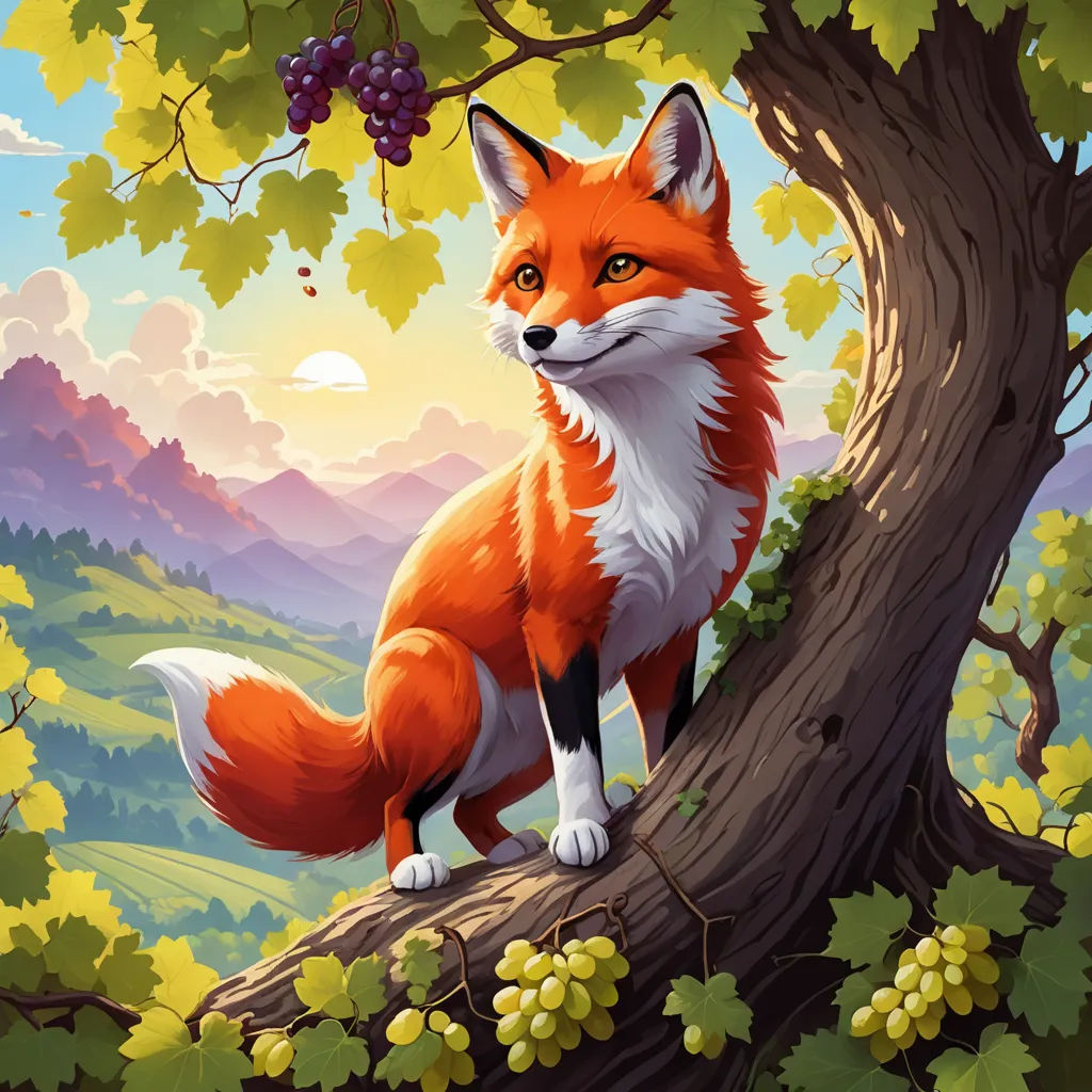 a fox sitting on a tree branch in a forest with mountains in the background and a sunset in the sky, furry art, a storybook illustration, Chris LaBrooy, official art