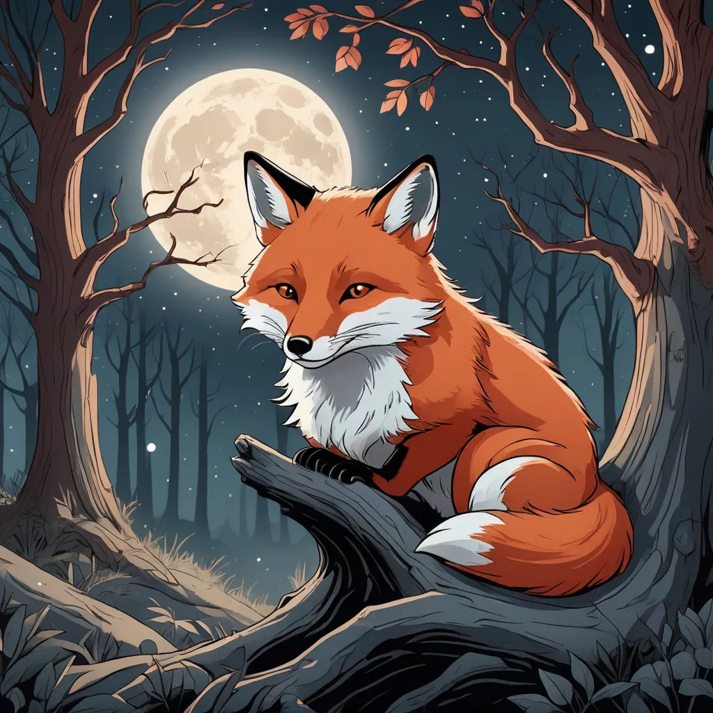 a fox sitting on a tree branch in the woods at night with a full moon in the background and a tree trunk in the foreground, fantasy art, a storybook illustration, Dan Mumford, trending on art station