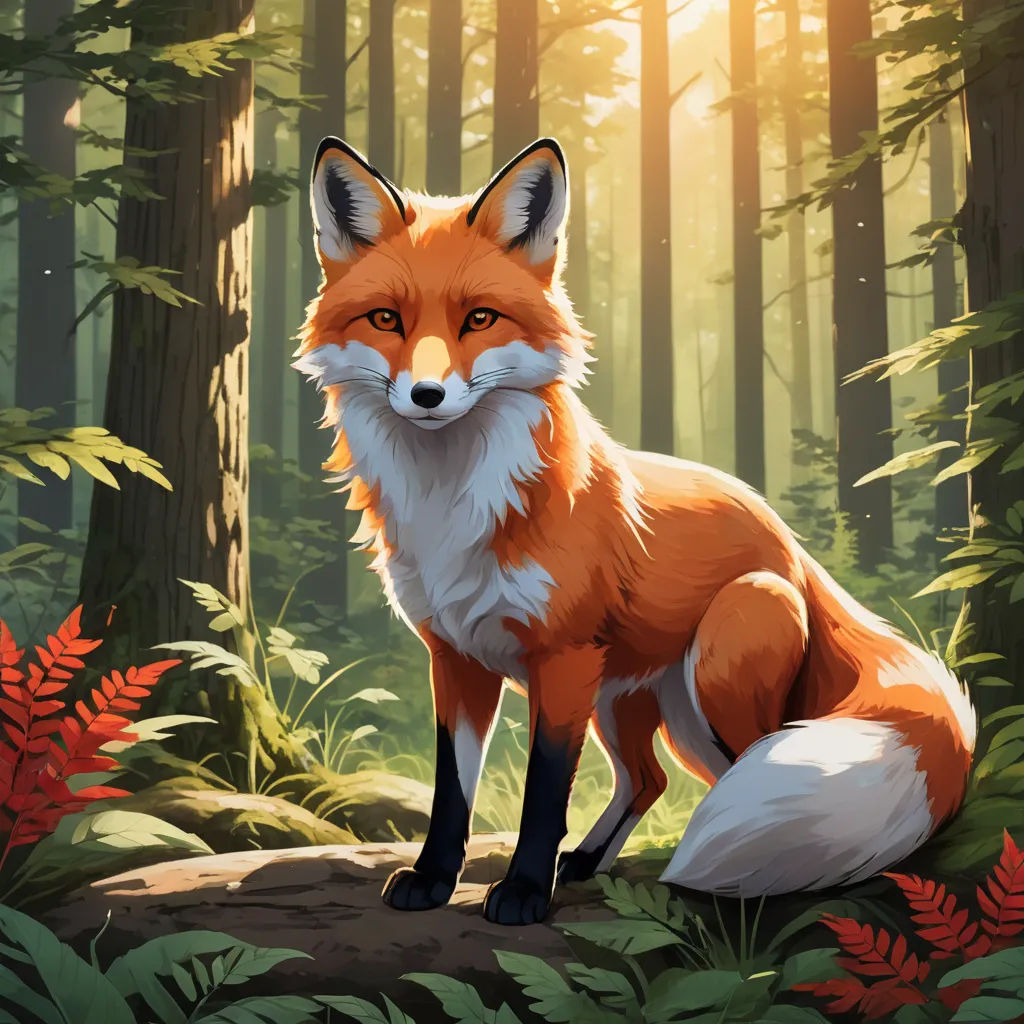 a red fox sitting in the middle of a forest with trees and leaves around it's edges and a bright light shining on the forest floor, furry art, a digital painting, Dan Mumford, official art