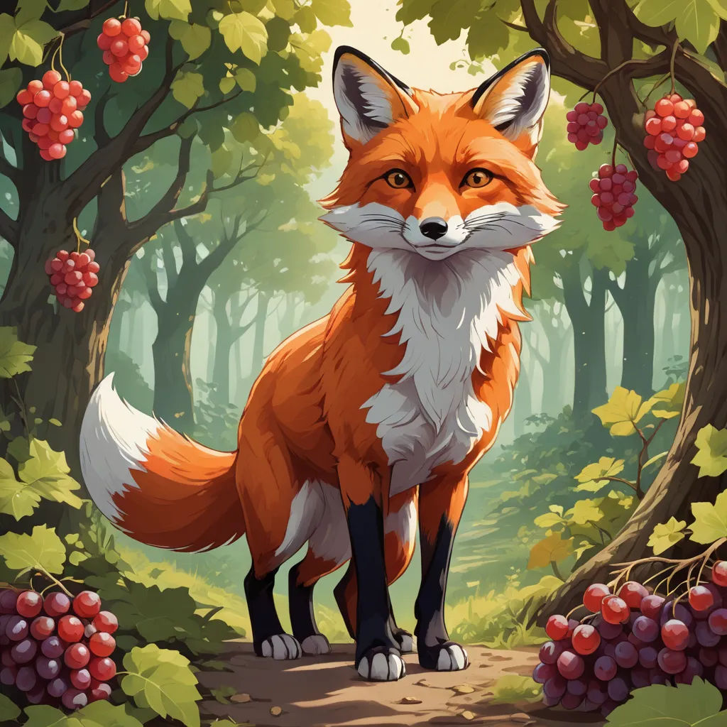 a fox standing in a forest with berries on the ground and trees around it, with berries on the ground, furry art, a character portrait, Chris LaBrooy, official art