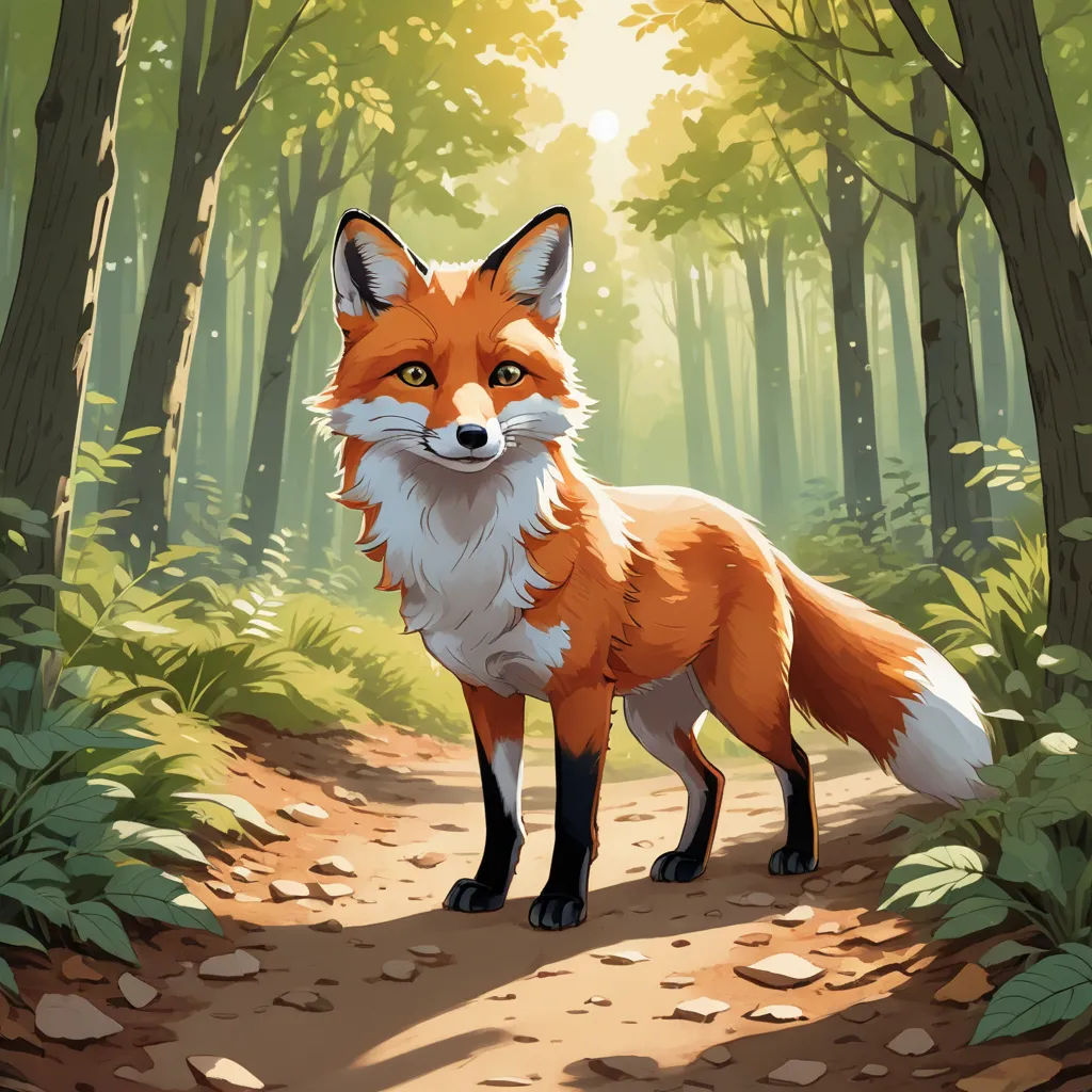 a fox standing on a dirt path in a forest with trees and leaves on the ground and a sun shining through the trees, furry art, a storybook illustration, Chris LaBrooy, official art
