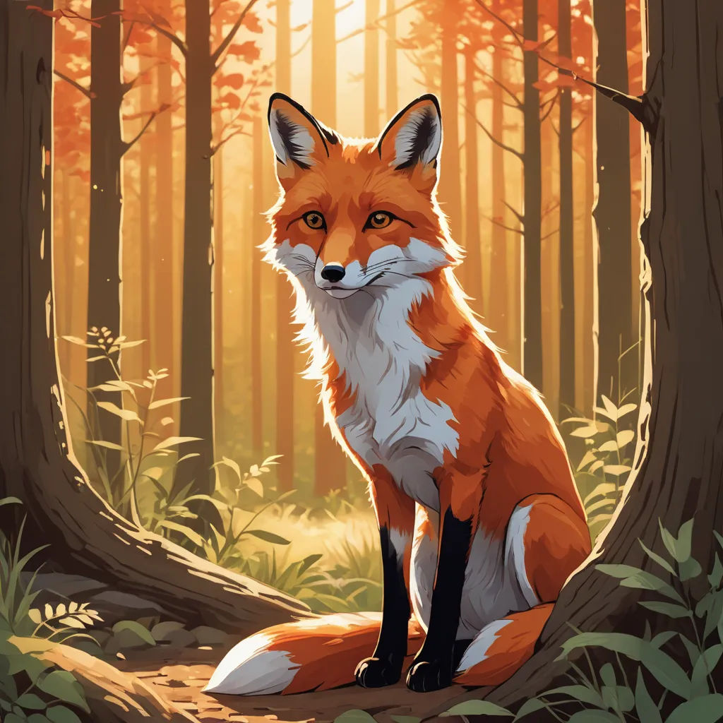 a red fox sitting in the middle of a forest with trees and grass around it, looking at the camera, furry art, a digital painting, Dan Mumford, trending on art station