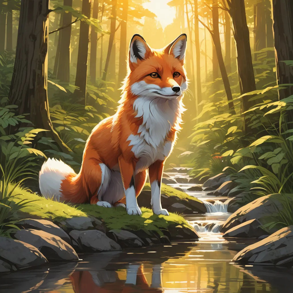 a fox sitting on a rock next to a stream in a forest with trees and rocks, and a bright sun shining through the trees, furry art, a fine art painting, Chris LaBrooy, official art