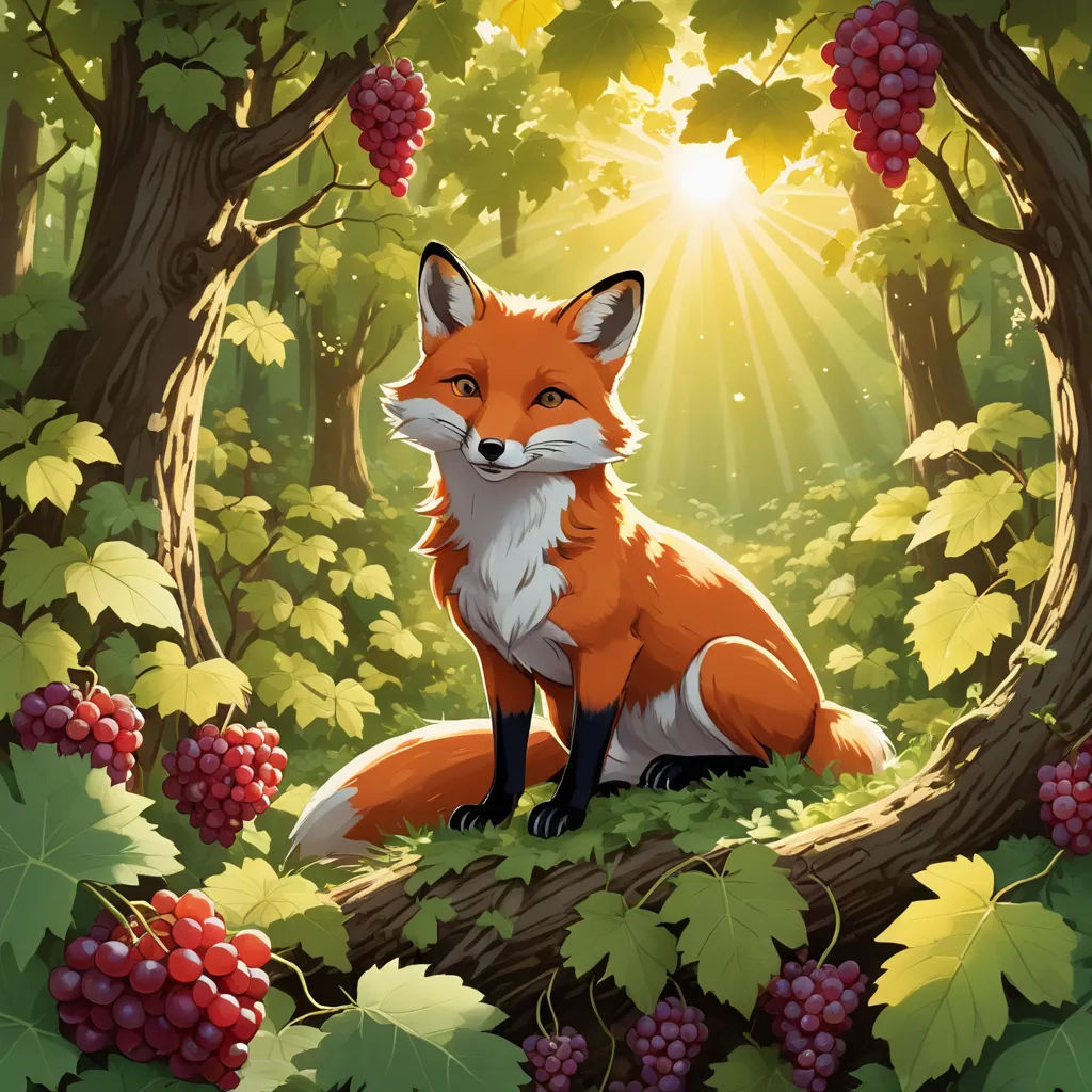 a fox sitting on a tree branch in a forest with grapes and sunbeams in the background,, furry art, a storybook illustration, Dan Mumford, official art