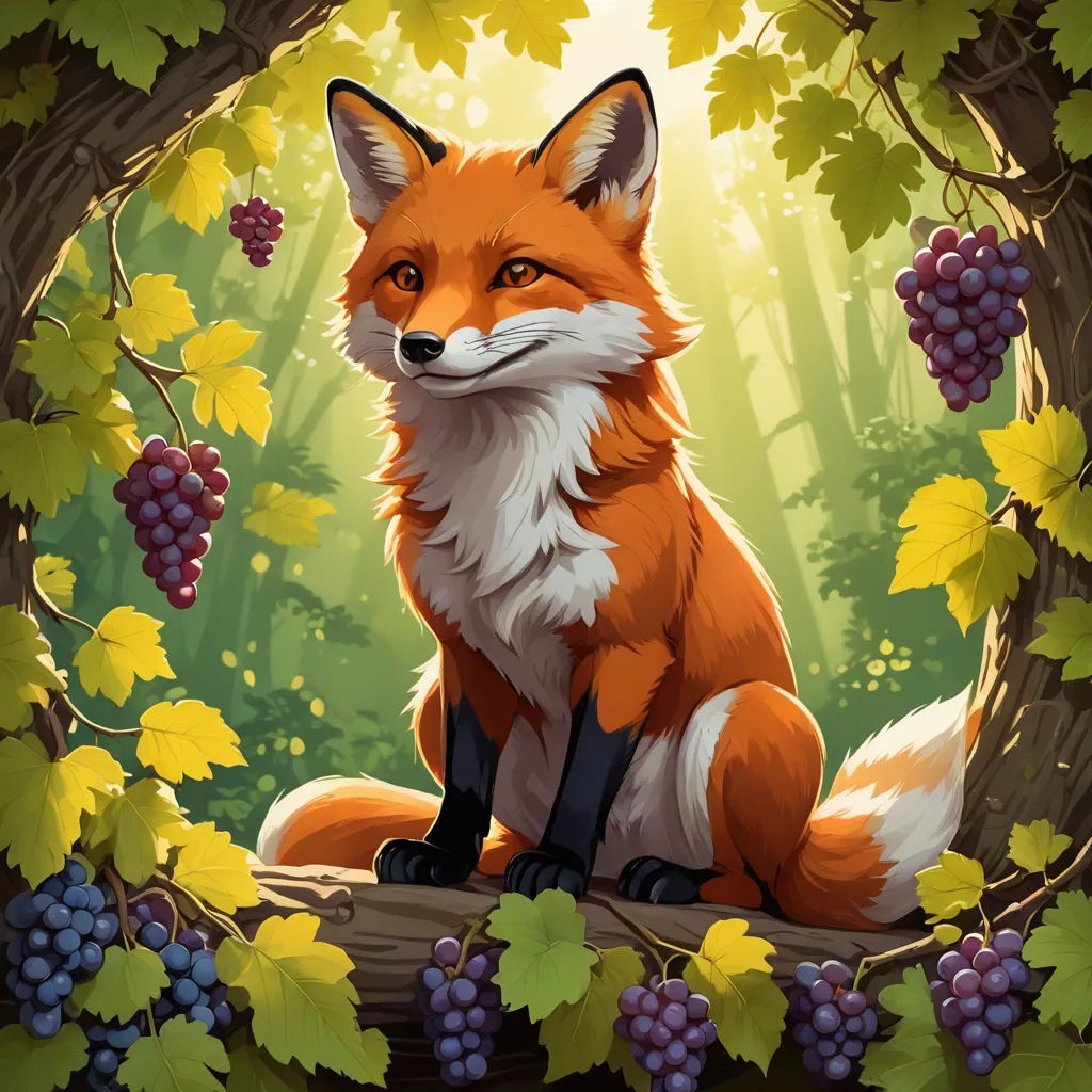 a fox sitting in a forest surrounded by grapes and leaves, with a sunbeam in the background and a forest scene with leaves and berries, furry art, a fine art painting, Cyril Rolando, official art