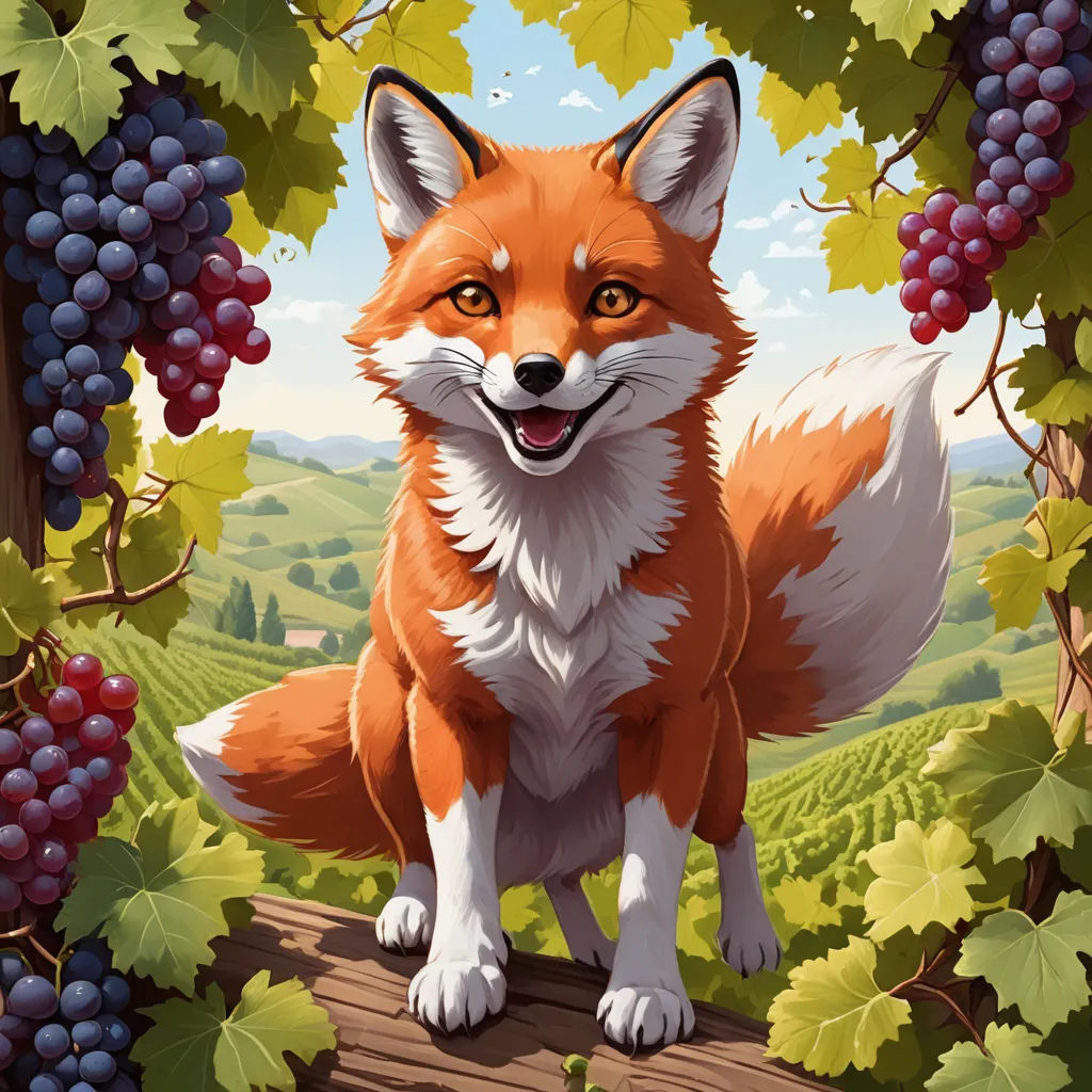 a fox standing on a log in a forest with grapes on the vine vinevinel and a sky background, furry art, a character portrait, Chris LaBrooy, furaffinity
