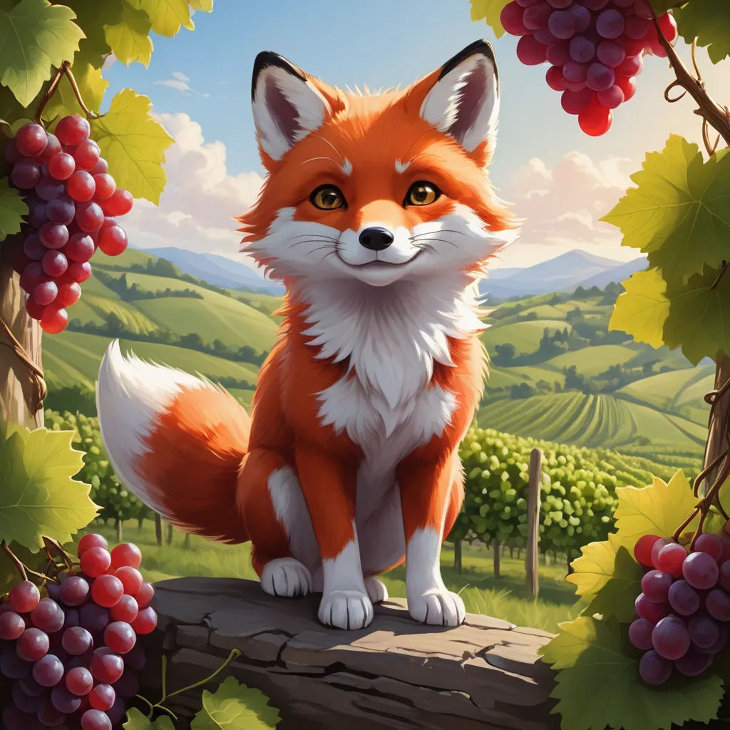 a fox sitting on a log in a vineyard with grapes and vines around it, with a sky background, furry art, a character portrait, Chris LaBrooy, official art