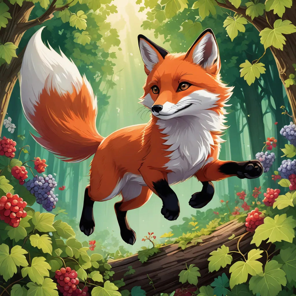 a red fox running through a forest with berries on the ground and a sunbeam in the background with leaves, furry art, a fine art painting, Chris LaBrooy, official art