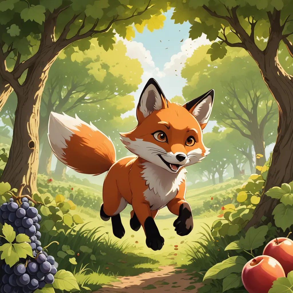 a fox running through a forest with apples and grapes on the ground and a path leading to it with trees and bushes, furry art, a storybook illustration, Chris LaBrooy, official art