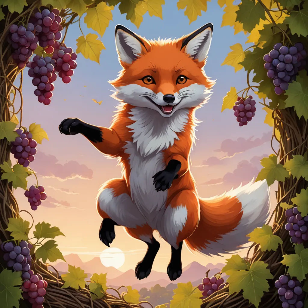 a fox is jumping through a grape tree frame with grapes on it's sides and a sky background, furry art, a character portrait, Cyril Rolando, furaffinity