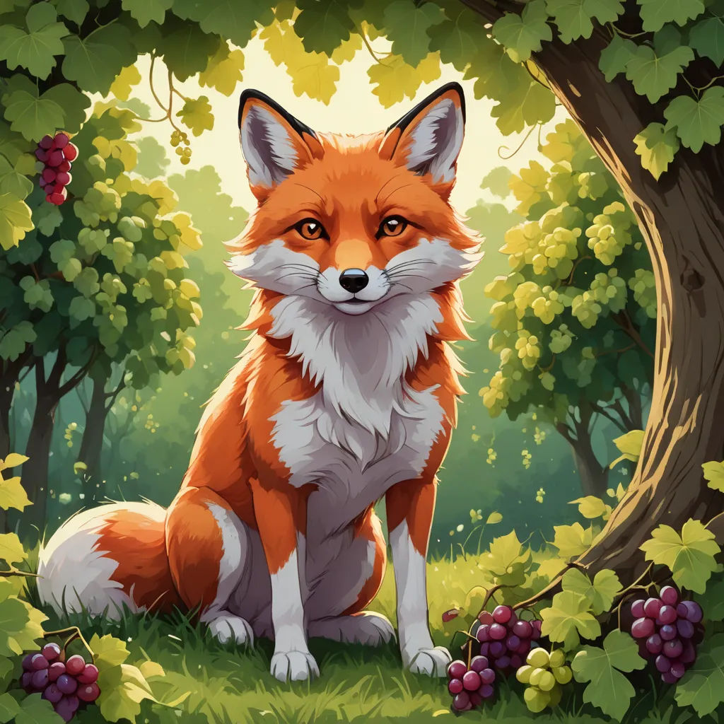 a red fox sitting in the middle of a forest with grapes on the ground and a tree in the background, furry art, a storybook illustration, Cyril Rolando, red