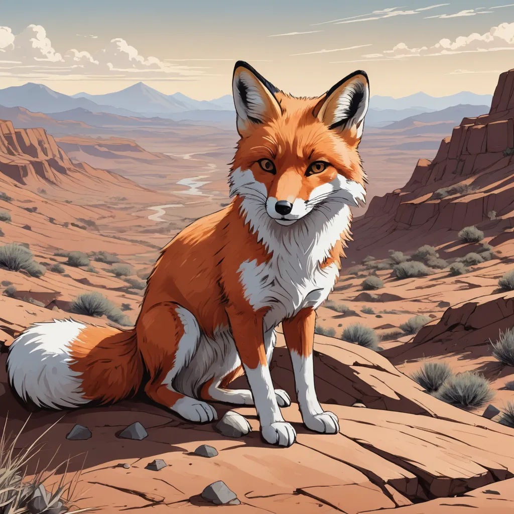 a red fox sitting on a rock in the desert with mountains in the background and a river running through the valley, furry art, an album cover, Dan Mumford, furaffinity