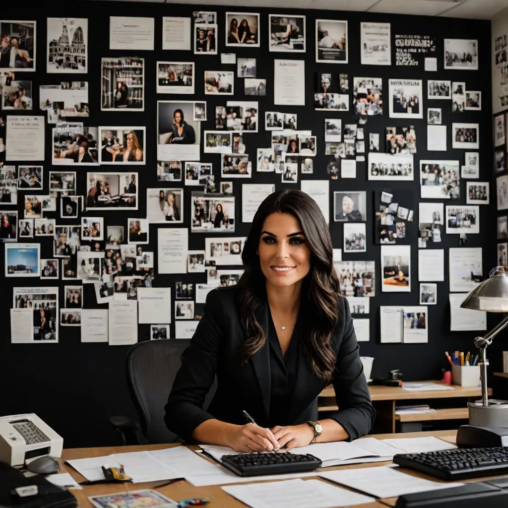a woman sitting at a desk with a keyboard and mouse in front of a wall with pictures of people, Aramenta Dianthe Vail, private press, a stock photo, promotional image