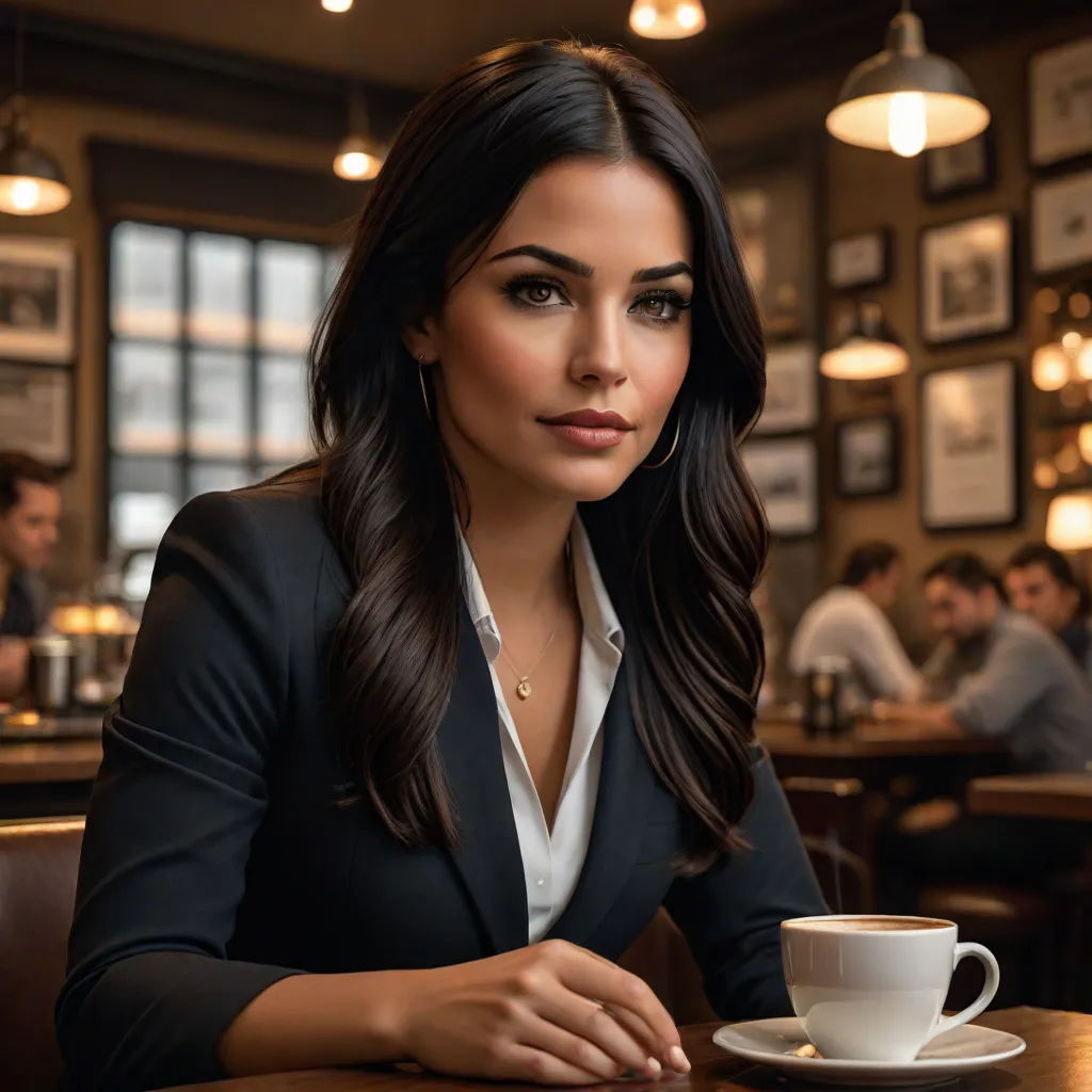 a woman sitting at a table with a cup of coffee in front of her and a man in the background, Constance Gordon-Cumming, computer art, a digital rendering, promotional image