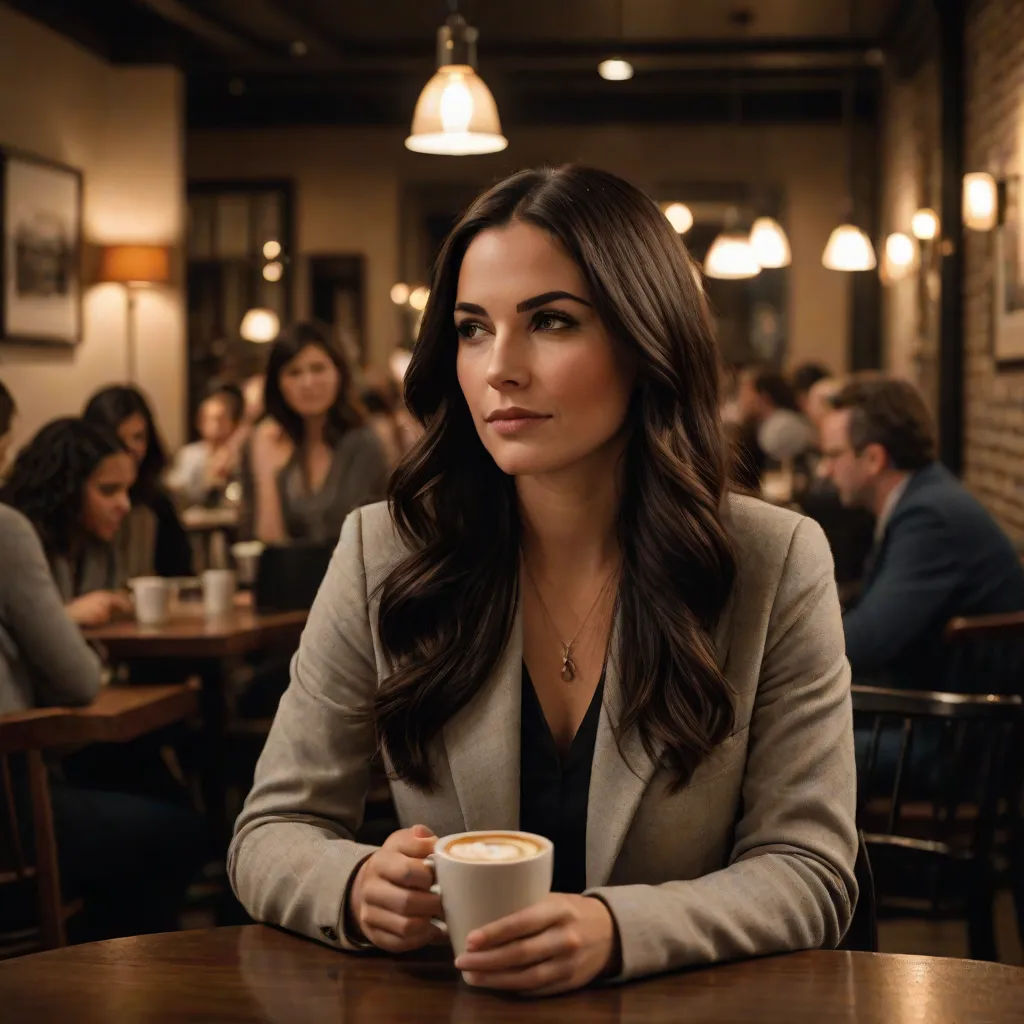 a woman sitting at a table with a cup of coffee in her hand and people sitting at tables in the background, Constance Gordon-Cumming, private press, a character portrait, promotional image
