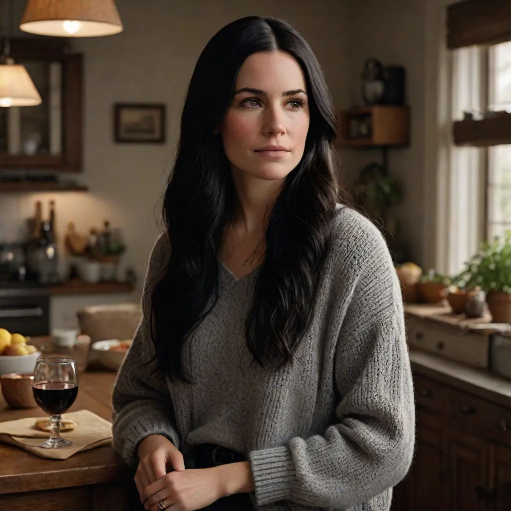 a woman standing in a kitchen next to a counter with a glass of wine in it and a potted plant, Evaline Ness, fine art, a character portrait, promotional image
