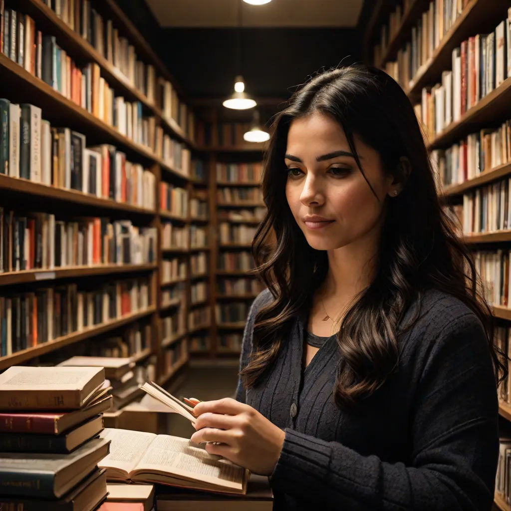 a woman is reading a book in a library full of books and bookshelves with lights on the shelves, Araceli Gilbert, academic art, a stock photo, promotional image