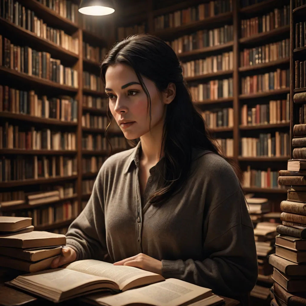 a woman sitting at a table in a library with a book in front of her and a lot of books on the shelves, Araceli Gilbert, academic art, a character portrait, promotional image
