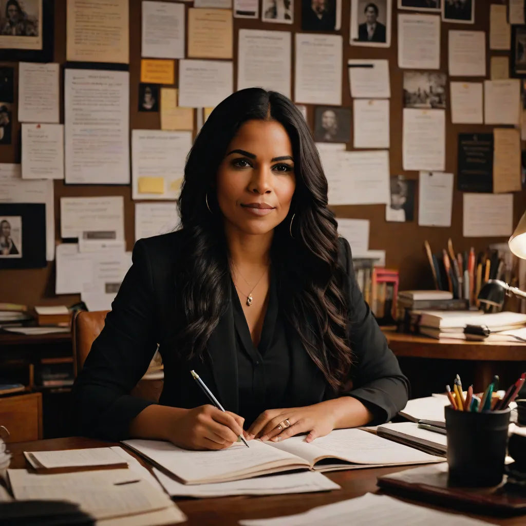 a woman sitting at a desk with a pen and paper in front of her and a lot of papers on the wall behind her, Araceli Gilbert, academic art, a character portrait, promotional image