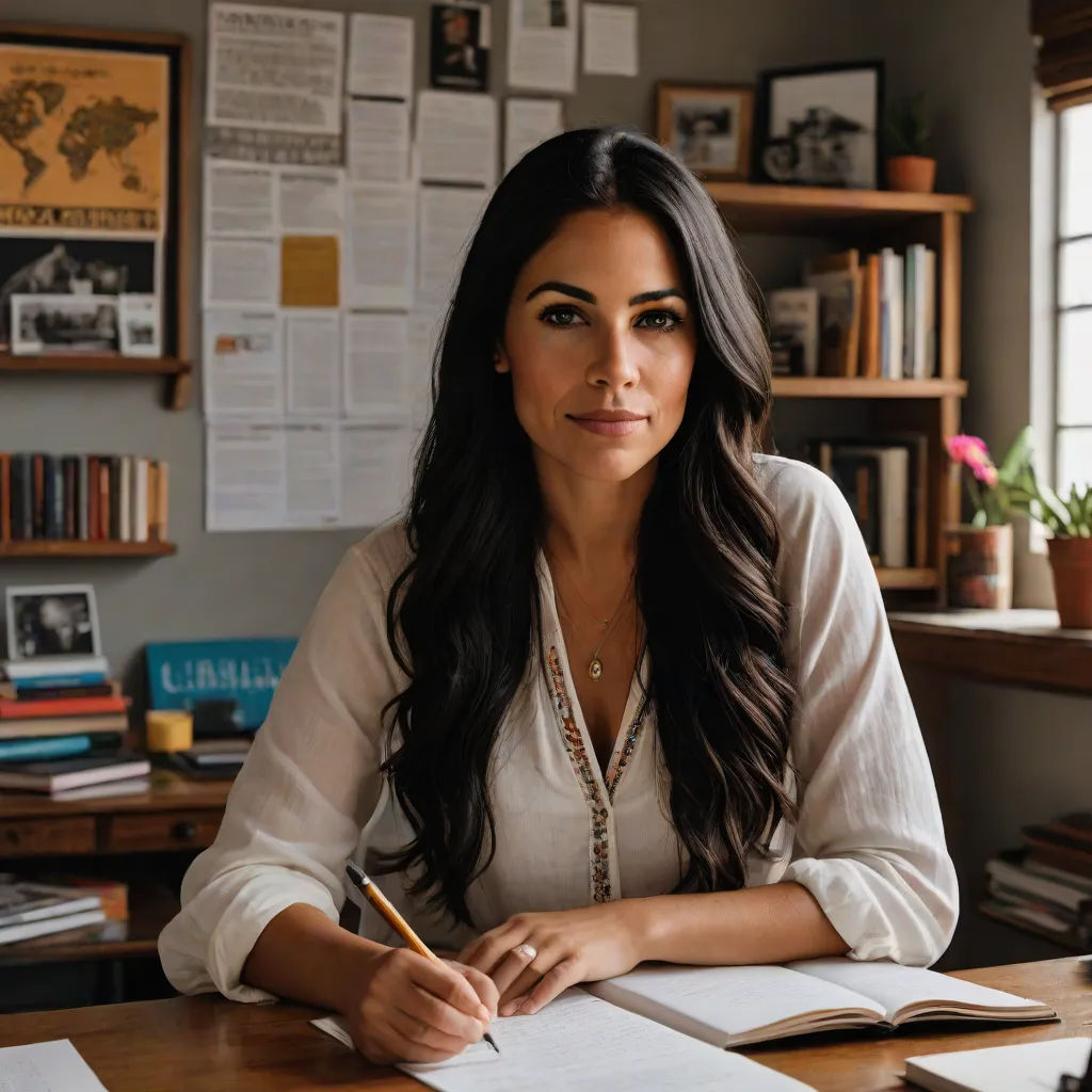 a woman sitting at a desk with a pen and paper in front of her and a book on the desk, Aramenta Dianthe Vail, private press, a character portrait, promotional image