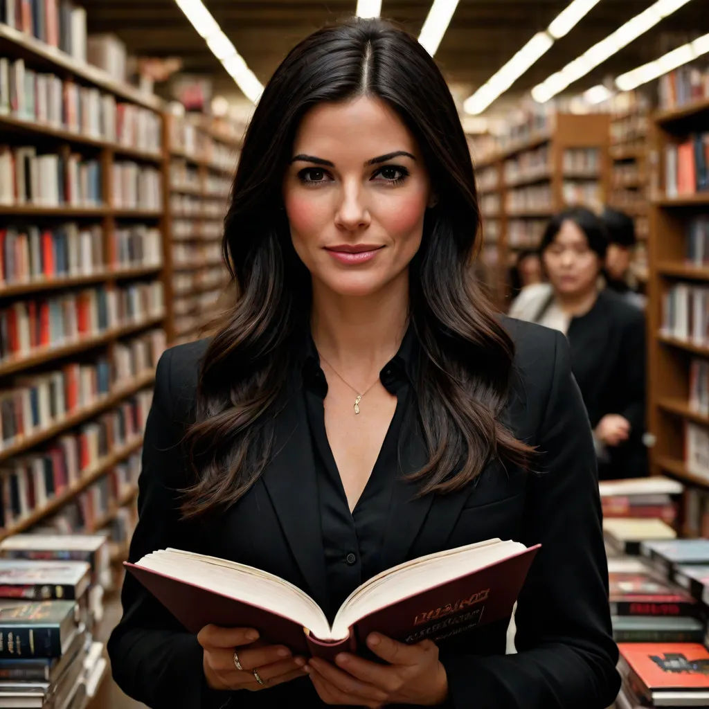 a woman standing in a library holding a book in her hands and smiling at the camera with two other people in the background, Constance Gordon-Cumming, academic art, a stock photo, promotional image