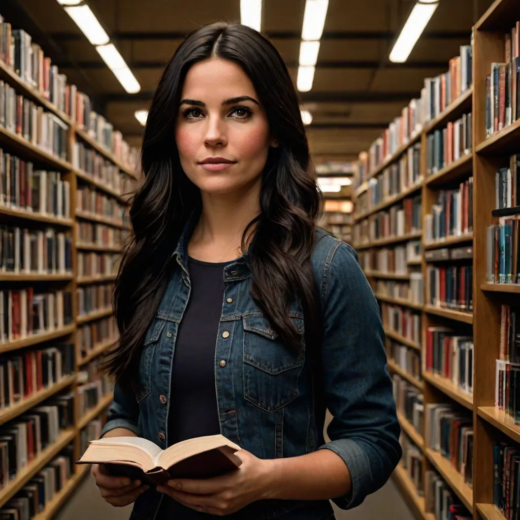 a woman standing in a library holding a book and looking at the camera with a smile on her face, Araceli Gilbert, academic art, a character portrait, promotional image
