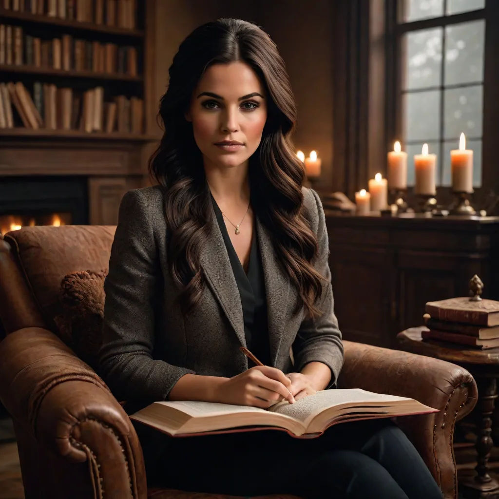 a woman sitting in a chair with a book in her lap and a pen in her hand in front of a fireplace, Elisabeth Collins, gothic art, a character portrait, promotional image