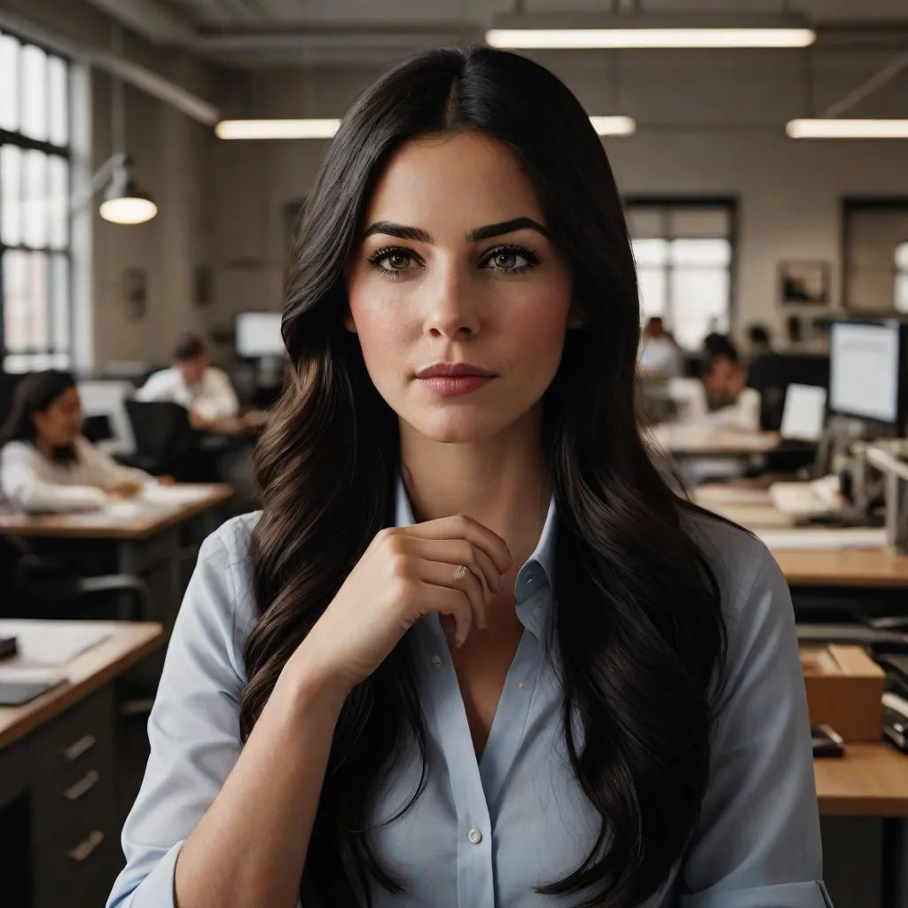 a woman in a blue shirt is posing for a picture in an office setting with people working on computers, Emma Ríos, computer art, a computer rendering, unreal engine 5 highly rendered