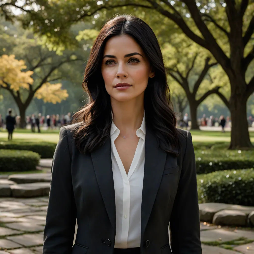 a woman in a suit standing in a park with trees in the background and people walking around her on a sunny day, Eve Ryder, academic art, a character portrait, promotional image