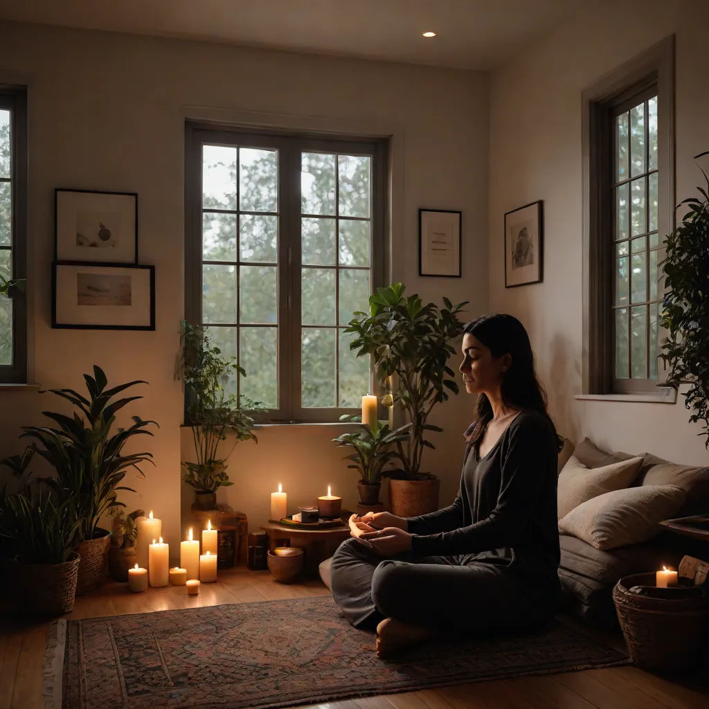 a woman sitting on a couch in a room with candles in front of her and a rug on the floor, Bracha L. Ettinger, light and space, a photorealistic painting, dim volumetric lighting