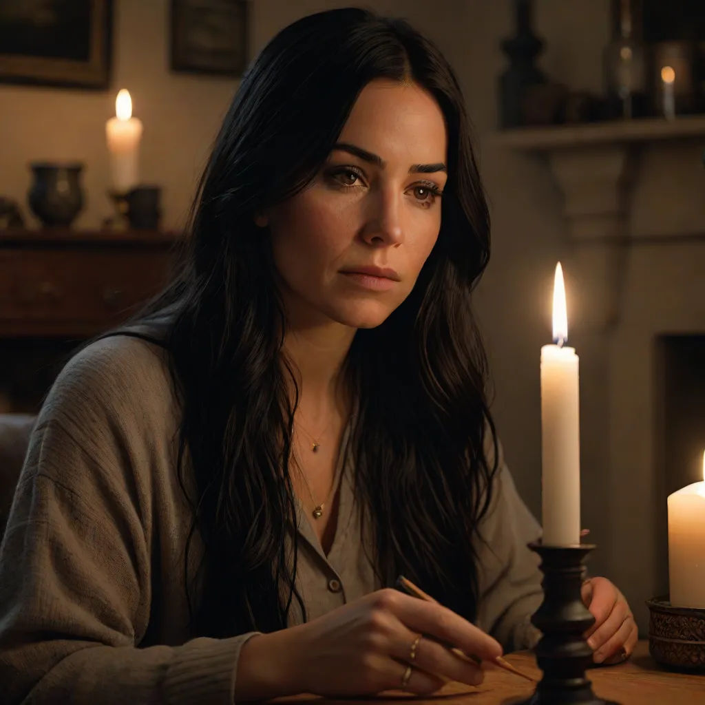 a woman sitting at a table with a candle in front of her and a lit candle in the background, Amalia Lindegren, gothic art, a character portrait, promotional image