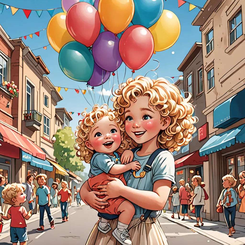 a woman holding a child in her arms while flying a bunch of balloons over a city street filled with people, lyco art, a storybook illustration, Brothers Hildebrandt, storybook illustration