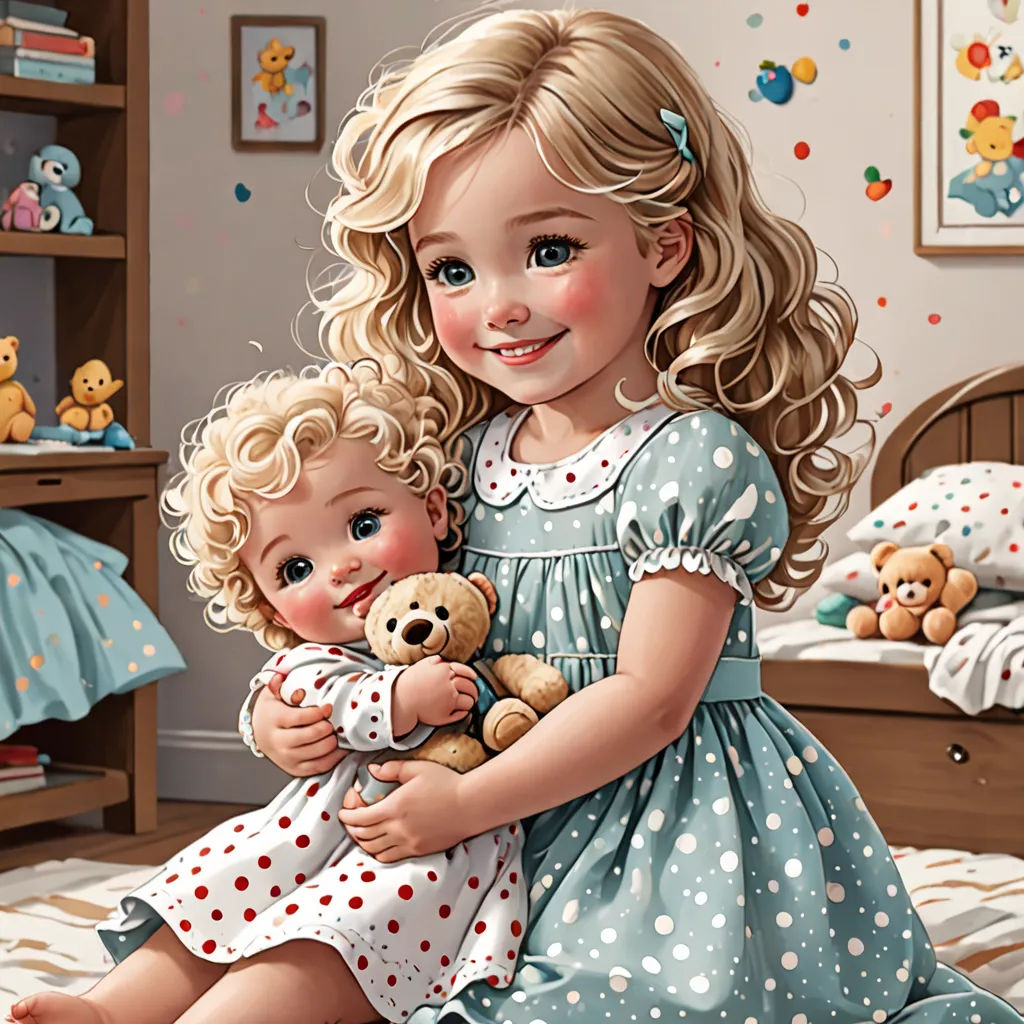 a painting of a little girl holding a teddy bear in her arms and a teddy bear in her lap, naive art, a storybook illustration, Caroline Lucy Scott, highly detailed digital painting