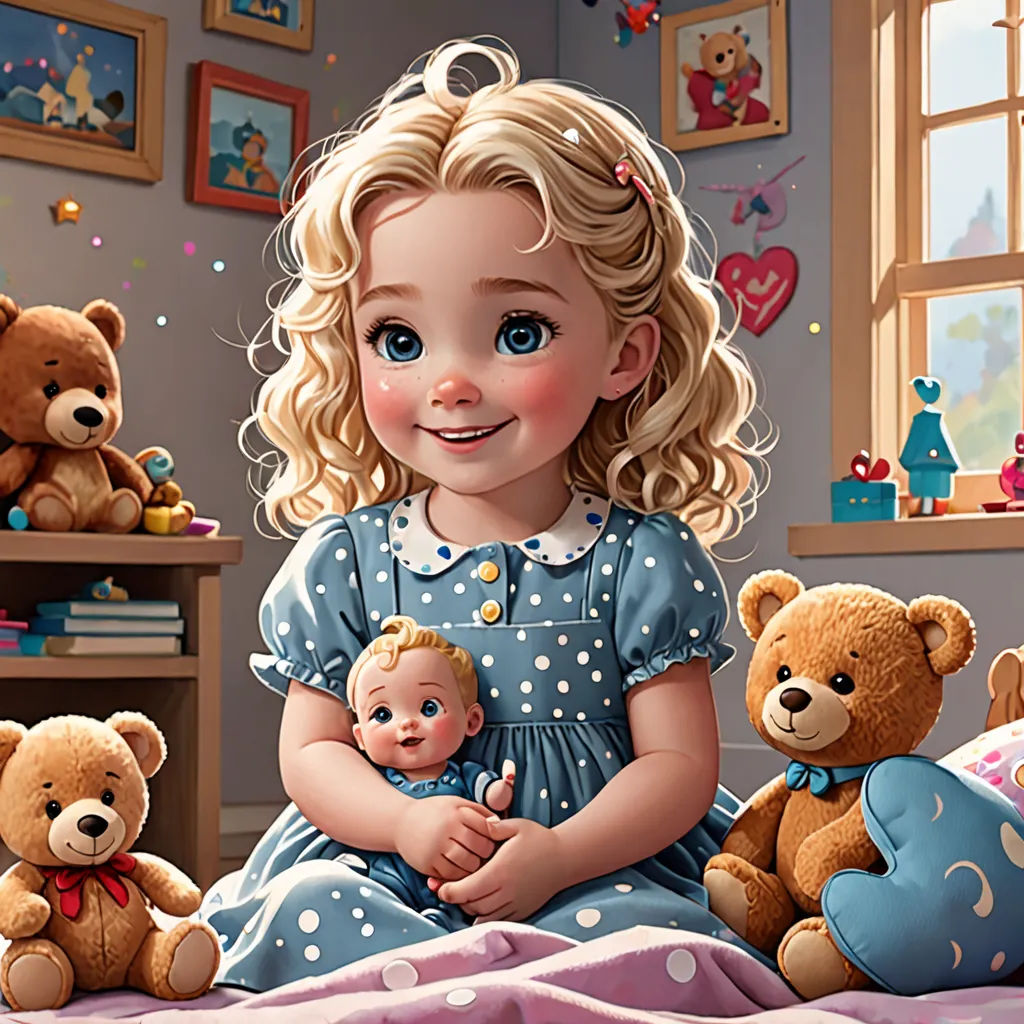 a painting of a little girl holding a baby doll and teddy bears in a bedroom with a window and a teddy bear, photorealism, a storybook illustration, Caroline Lucy Scott, cgstudio