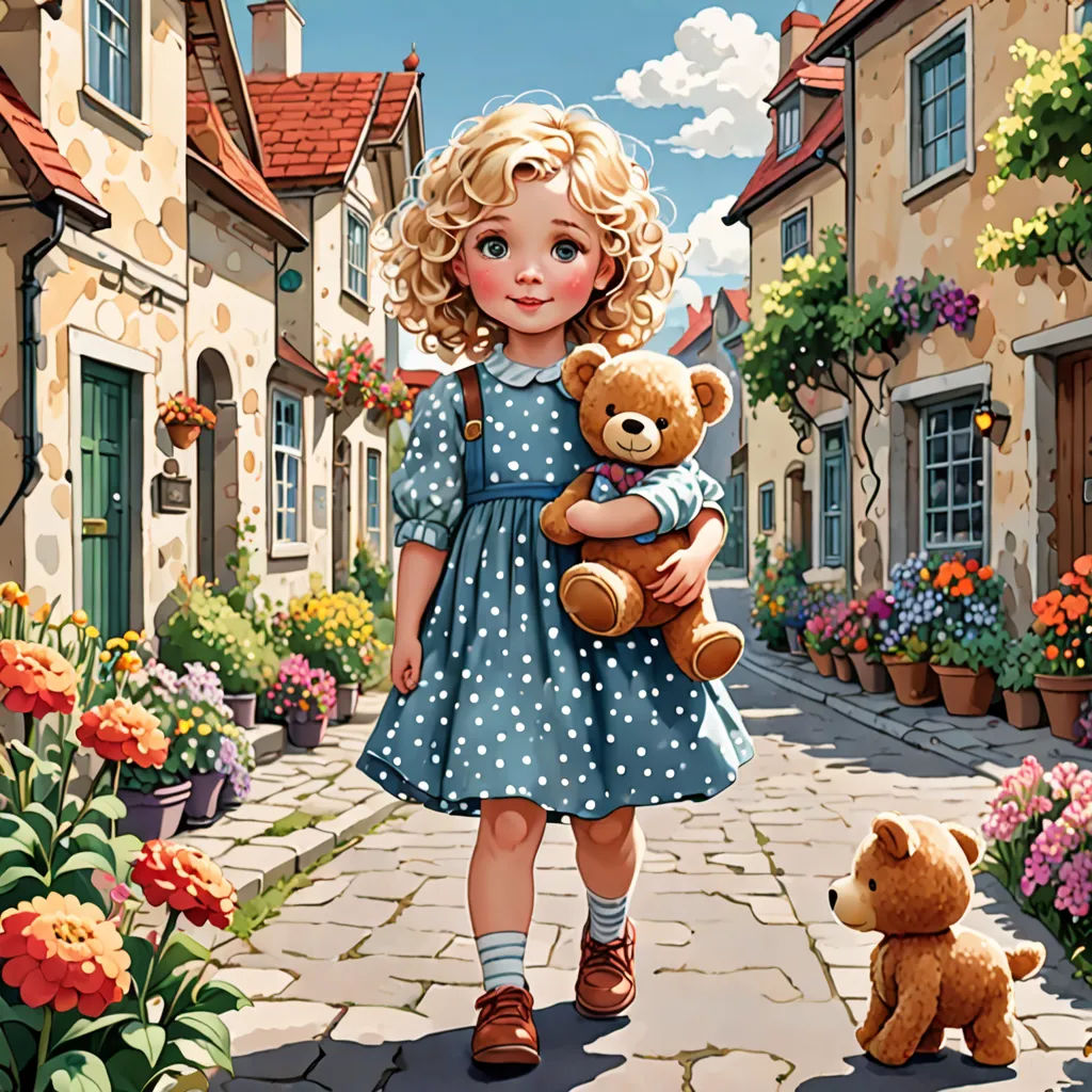 a painting of a little girl holding a teddy bear in a village with flowers and a teddy bear on the sidewalk, naive art, a storybook illustration, Bob Byerley, storybook illustration